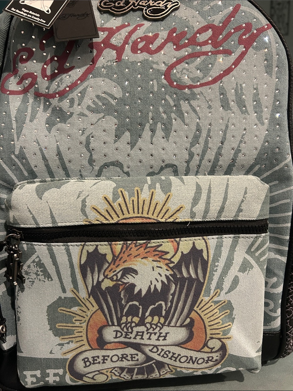 Ed Hardy Teal Graphic Eagle Backpack with Maroon Logo - Picture 2 of 8